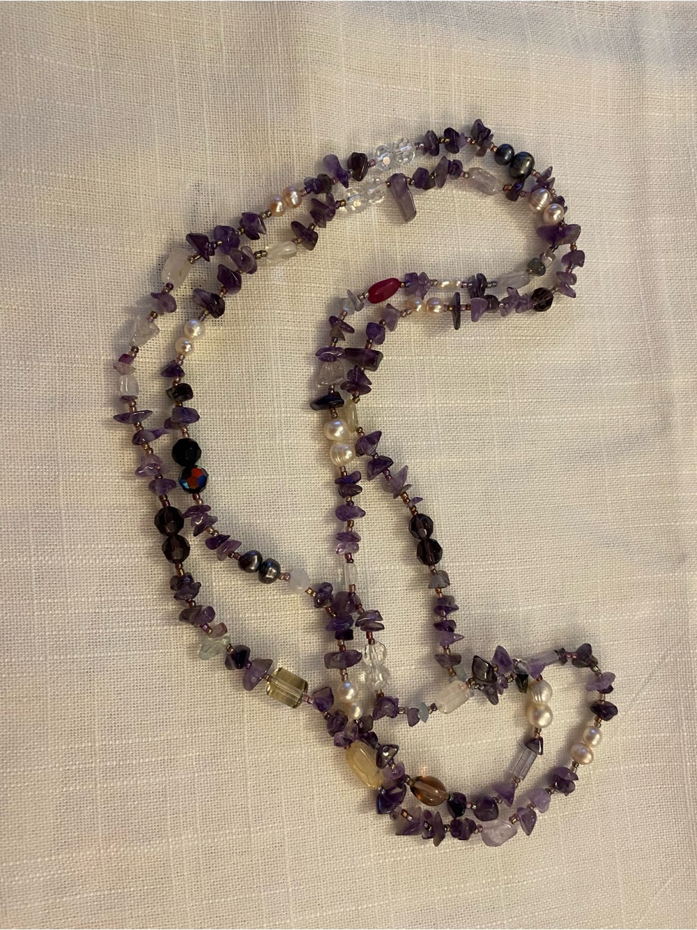 Amethyst, Pearl, Rose Quartz, Beaded Necklace - 35”Purple Gemstone Strand